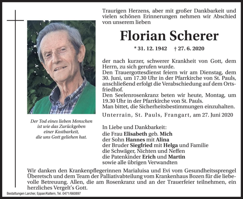  Traueranzeige für Florian Scherer vom 29.06.2020 aus Dolomiten