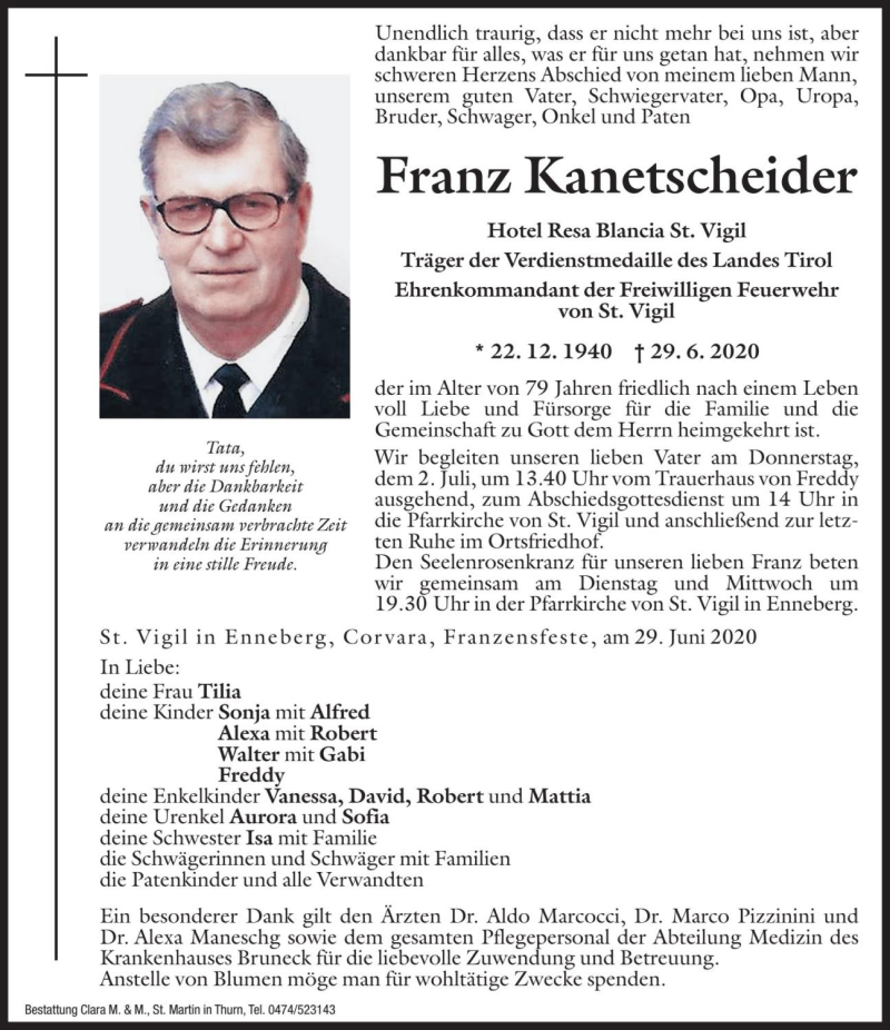  Traueranzeige für Franz Kanetscheider vom 30.06.2020 aus Dolomiten