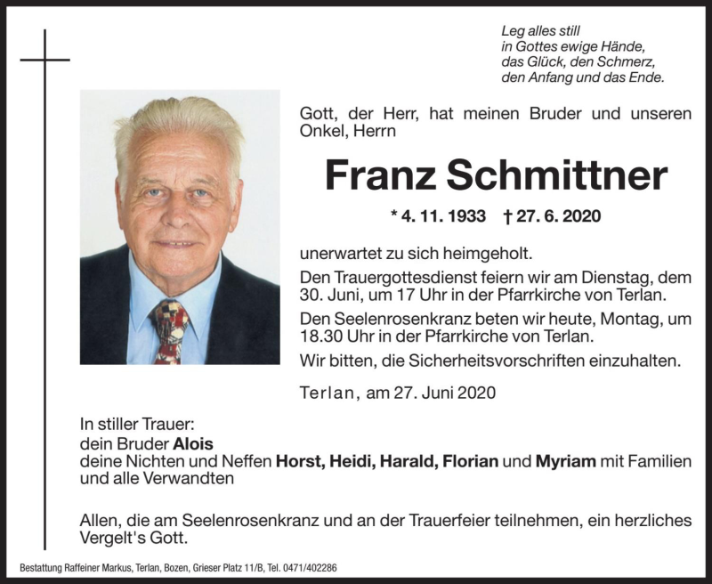  Traueranzeige für Franz Schmittner vom 29.06.2020 aus Dolomiten