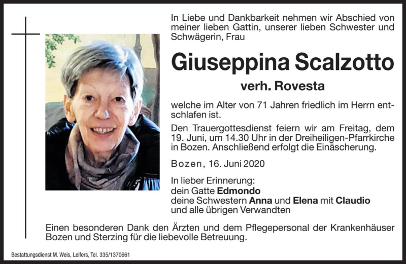  Traueranzeige für Giuseppina Rovesta vom 18.06.2020 aus Dolomiten
