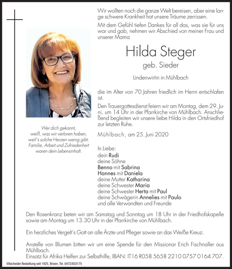  Traueranzeige für Hilda Steger vom 27.06.2020 aus Dolomiten