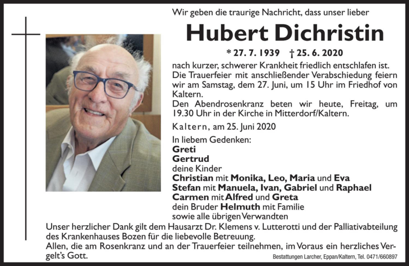  Traueranzeige für Hubert Dichristin vom 26.06.2020 aus Dolomiten