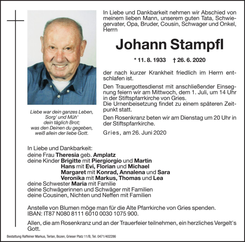  Traueranzeige für Johann Stampfl vom 29.06.2020 aus Dolomiten