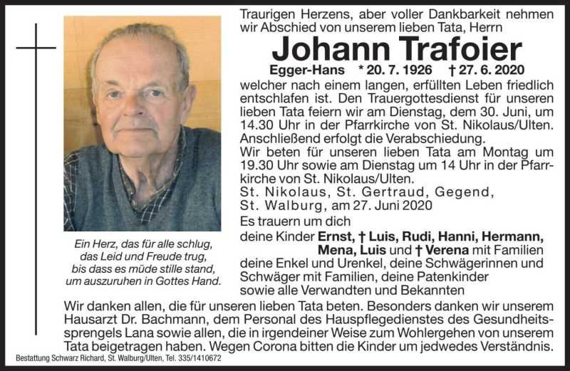  Traueranzeige für Johann Trafoier vom 29.06.2020 aus Dolomiten