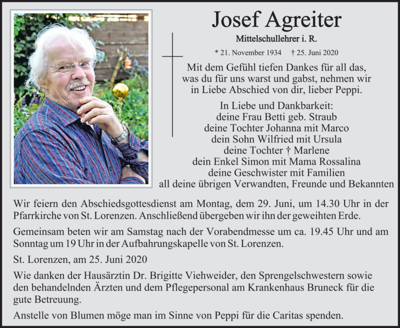  Traueranzeige für Josef Agreiter vom 27.06.2020 aus Dolomiten