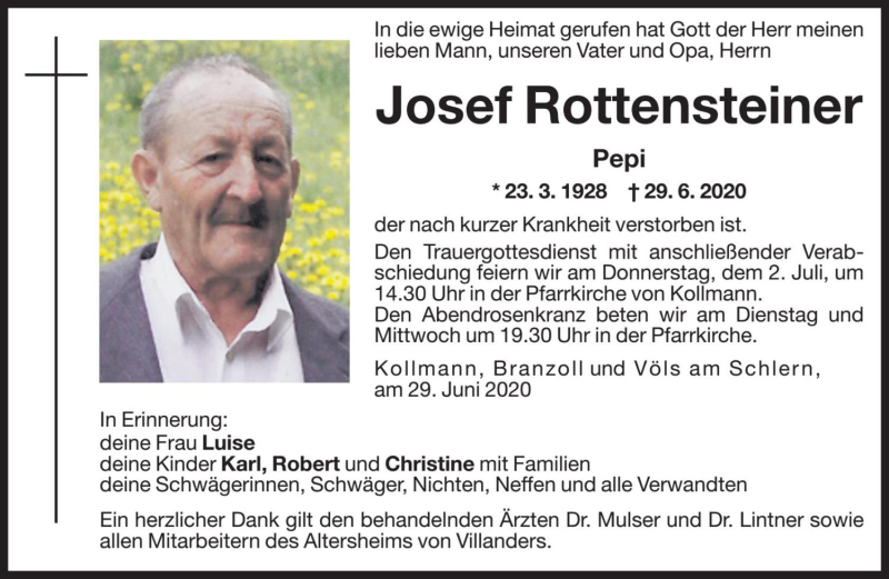  Traueranzeige für Josef Rottensteiner vom 30.06.2020 aus Dolomiten