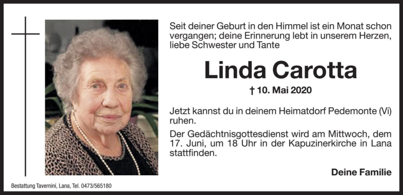  Traueranzeige für Linda Carotta vom 10.06.2020 aus Dolomiten