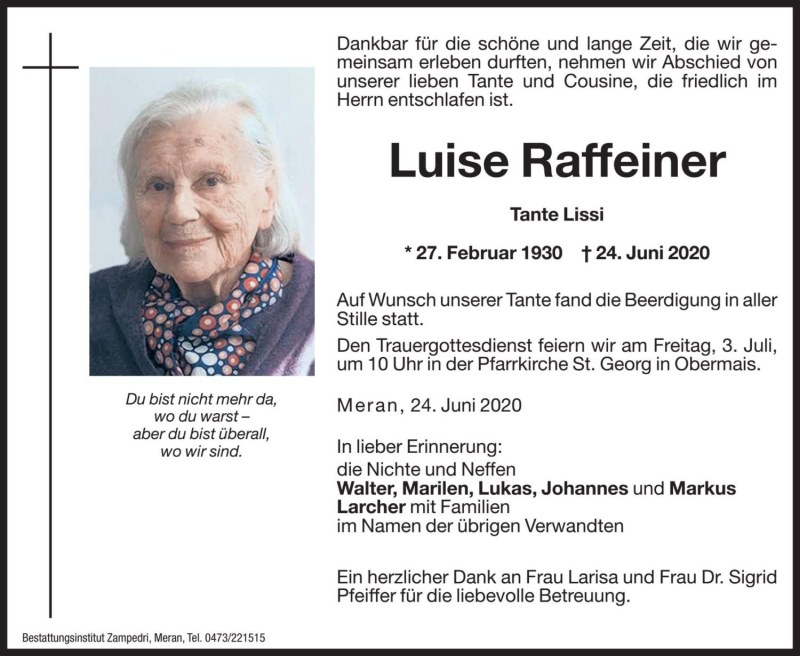  Traueranzeige für Luise Raffeiner vom 30.06.2020 aus Dolomiten