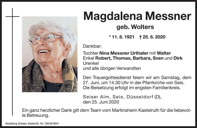  Traueranzeige für Magdalena Messner vom 26.06.2020 aus Dolomiten