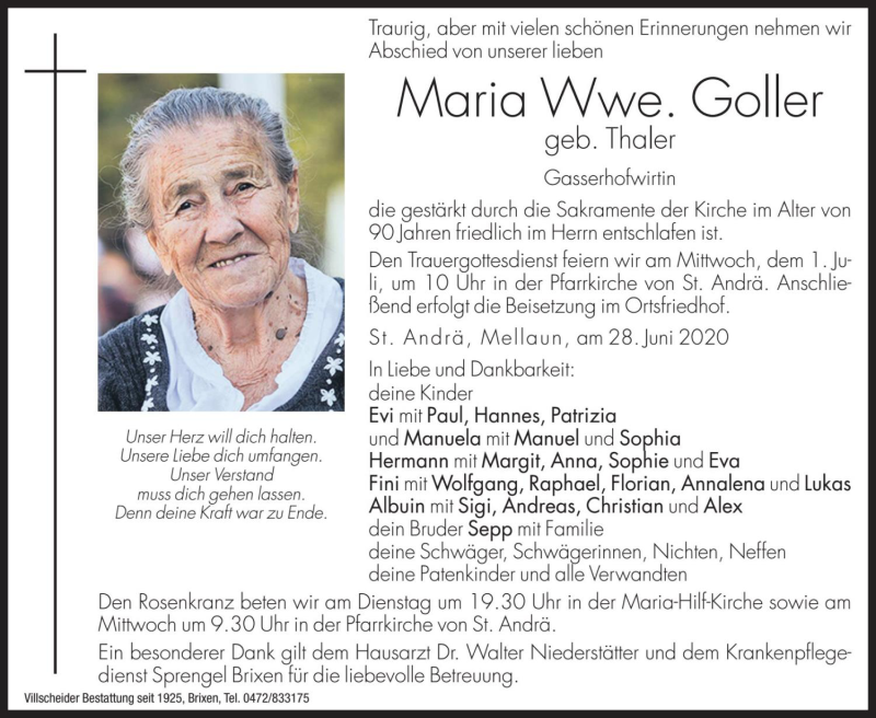  Traueranzeige für Maria Goller vom 30.06.2020 aus Dolomiten