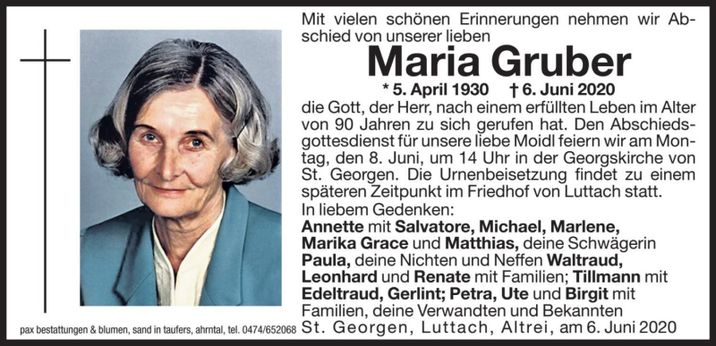  Traueranzeige für Maria Gruber vom 08.06.2020 aus Dolomiten