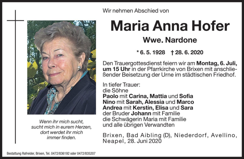  Traueranzeige für Maria Anna Nardone vom 30.06.2020 aus Dolomiten