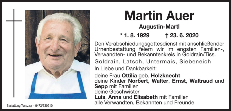  Traueranzeige für Martin Auer vom 26.06.2020 aus Dolomiten