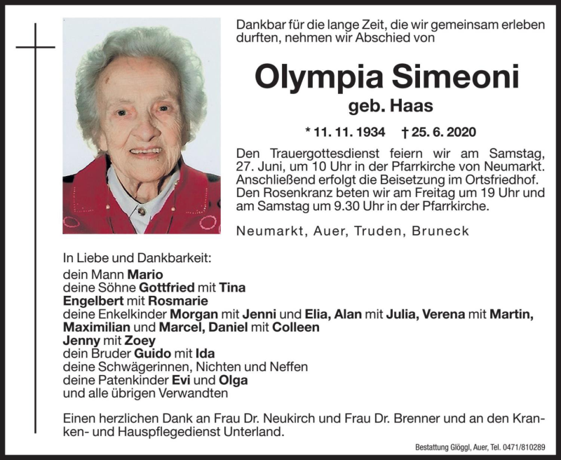  Traueranzeige für Olympia Simeoni vom 26.06.2020 aus Dolomiten