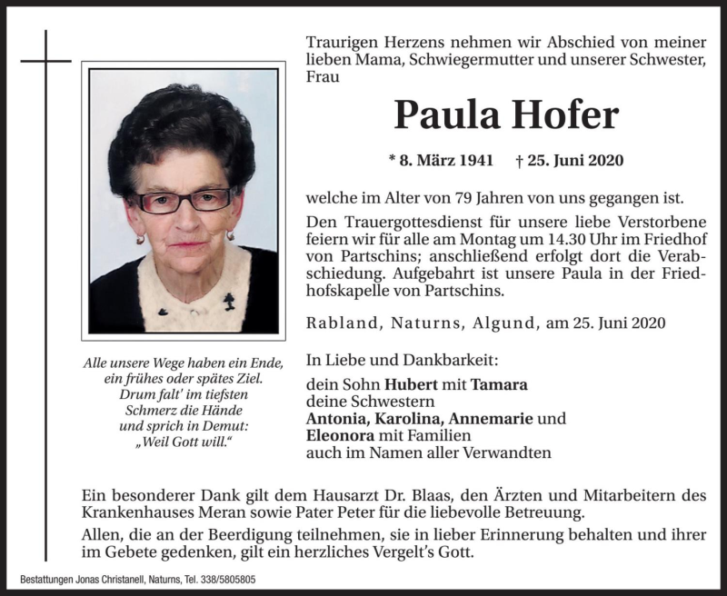  Traueranzeige für Paula Hofer vom 27.06.2020 aus Dolomiten