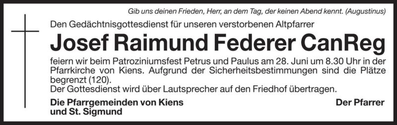  Traueranzeige für Raimund Josef Federer vom 26.06.2020 aus Dolomiten
