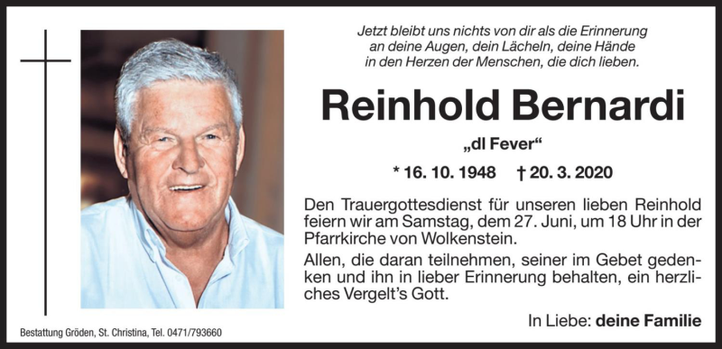  Traueranzeige für Reinhold Bernardi vom 26.06.2020 aus Dolomiten