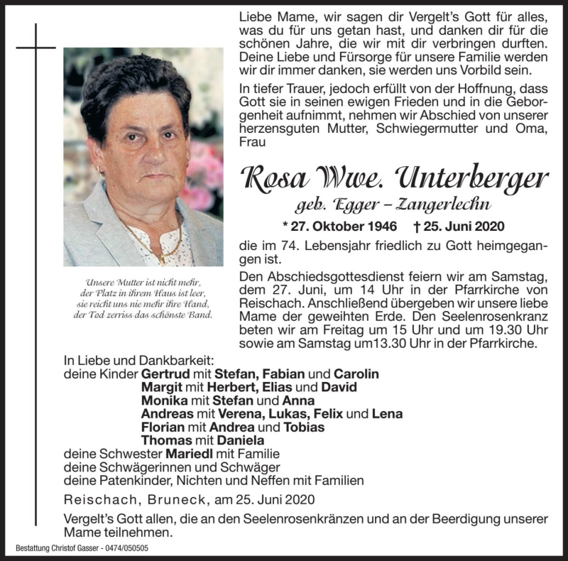  Traueranzeige für Rosa Unterberger vom 26.06.2020 aus Dolomiten