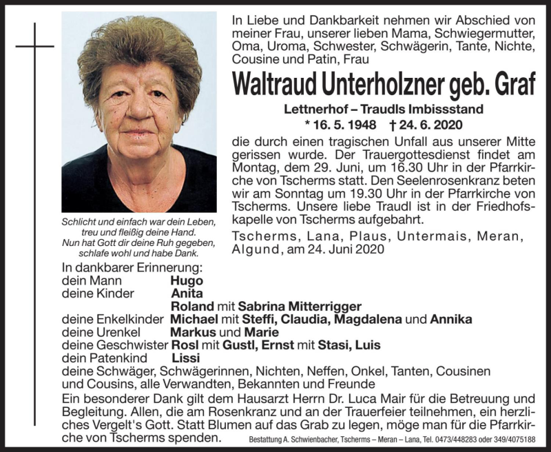  Traueranzeige für Waltraud Unterholzner vom 27.06.2020 aus Dolomiten