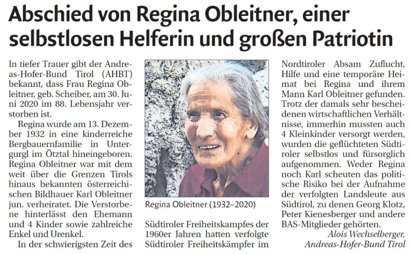  Traueranzeige für Regina Obleitner vom 10.07.2020 aus Dolomiten