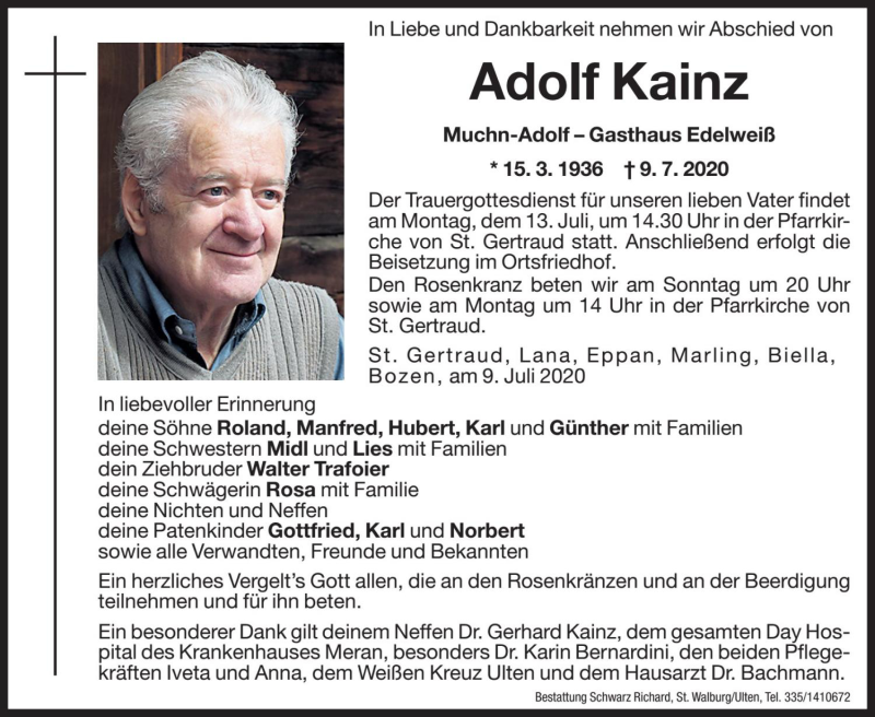  Traueranzeige für Adolf Kainz  vom 11.07.2020 aus Dolomiten