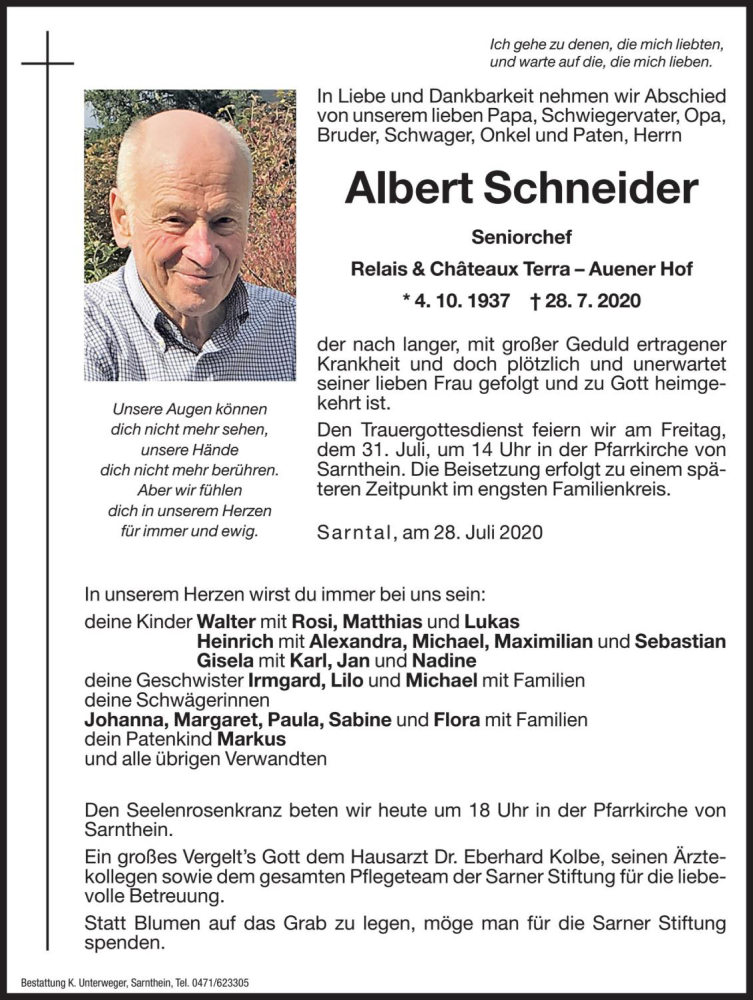  Traueranzeige für Albert Schneider vom 30.07.2020 aus Dolomiten