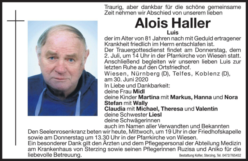  Traueranzeige für Alois Haller vom 01.07.2020 aus Dolomiten