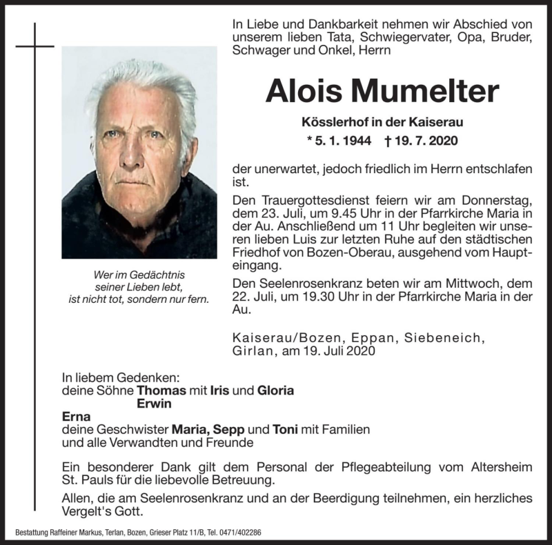  Traueranzeige für Alois Mumelter vom 21.07.2020 aus Dolomiten