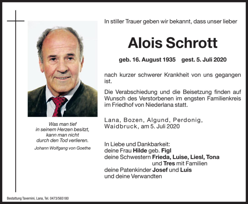  Traueranzeige für Alois Schrott vom 08.07.2020 aus Dolomiten