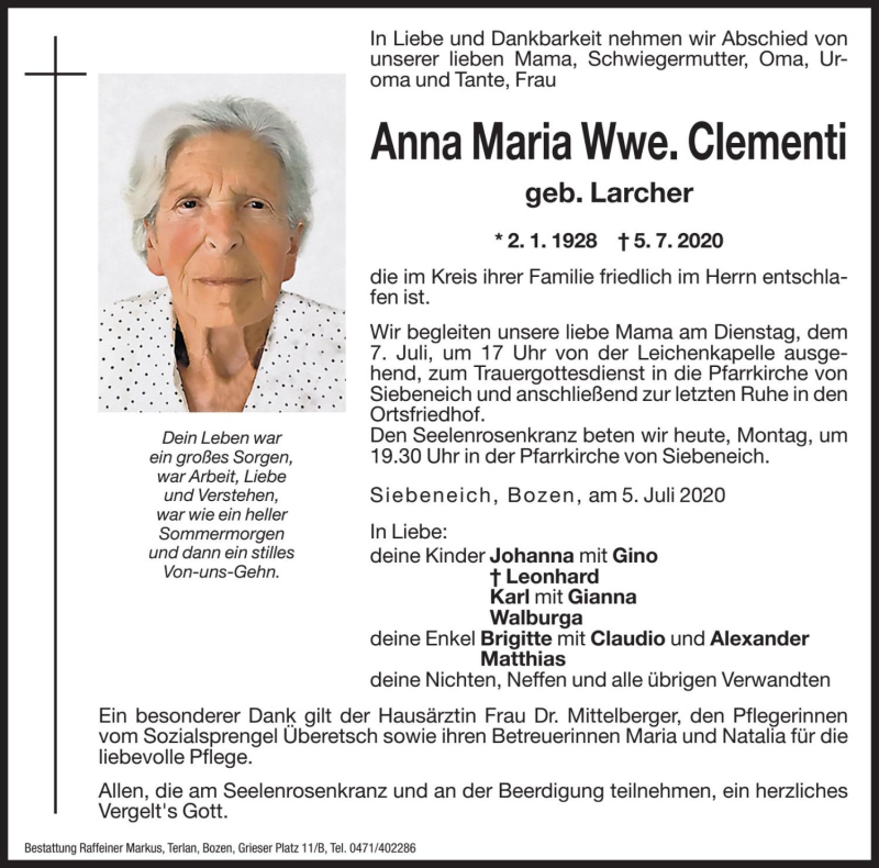  Traueranzeige für Anna Maria Clementi vom 06.07.2020 aus Dolomiten
