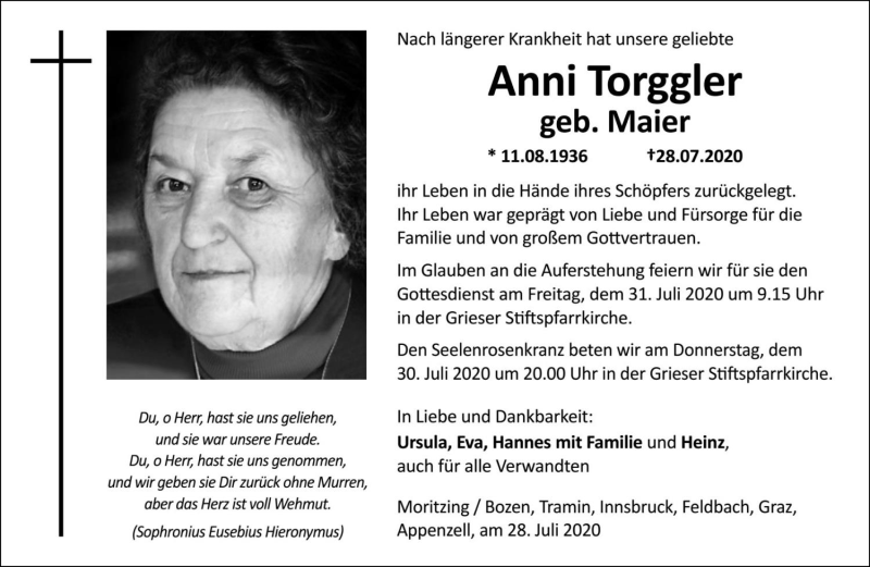  Traueranzeige für Anni Torggler vom 30.07.2020 aus Dolomiten