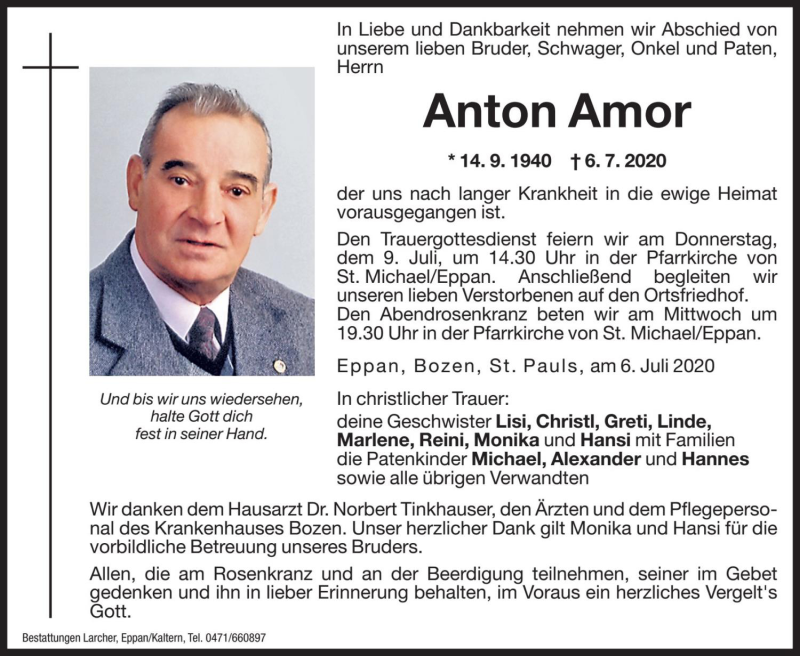 Traueranzeige für Anton Amor vom 07.07.2020 aus Dolomiten