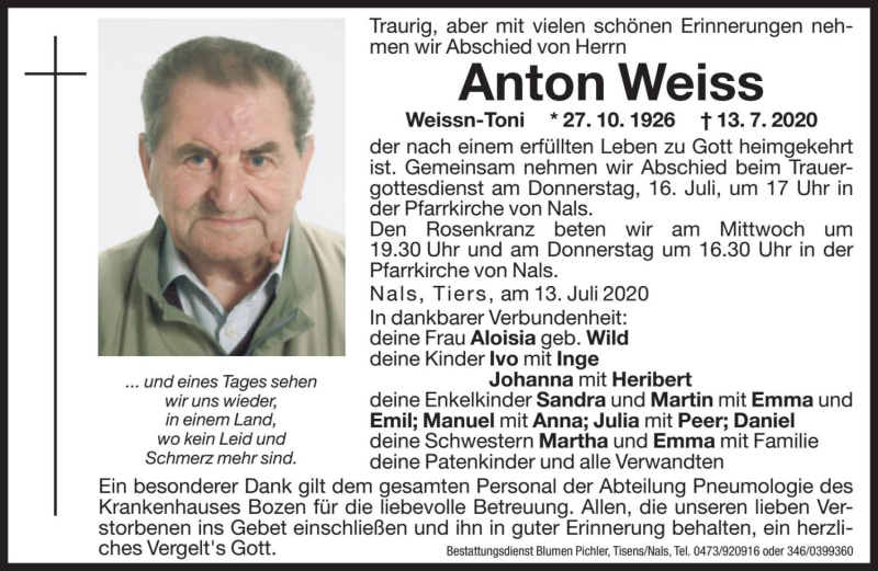  Traueranzeige für Anton Weiss vom 15.07.2020 aus Dolomiten