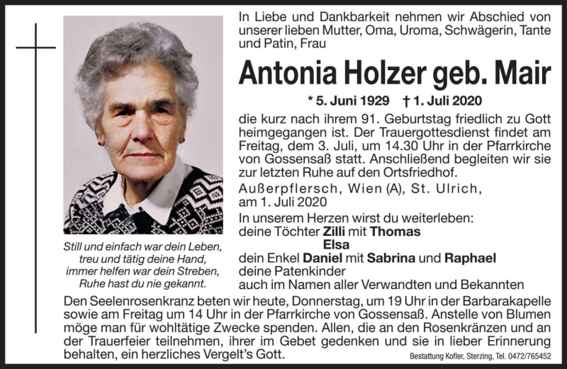  Traueranzeige für Antonia Holzer vom 02.07.2020 aus Dolomiten