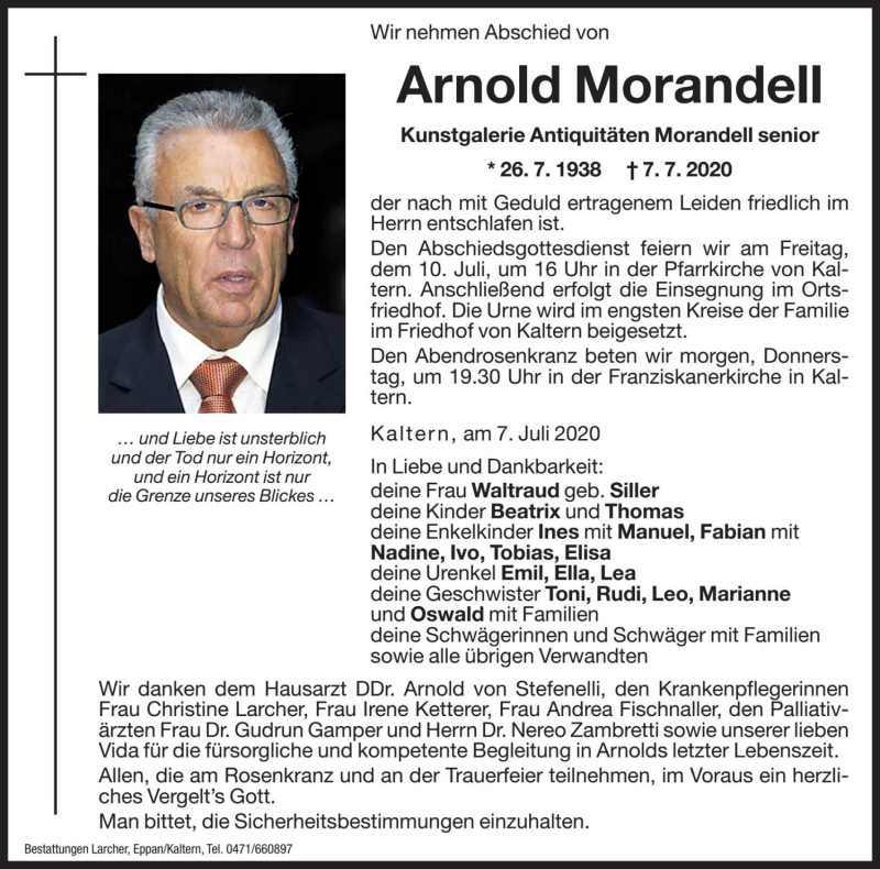  Traueranzeige für Arnold Morandell vom 08.07.2020 aus Dolomiten