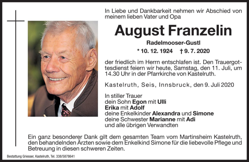  Traueranzeige für August Franzelin vom 11.07.2020 aus Dolomiten