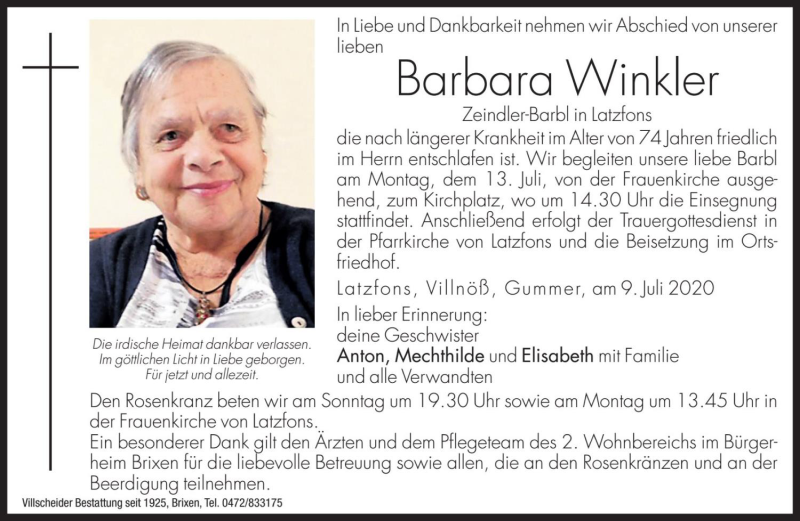  Traueranzeige für Barbara Winkler vom 11.07.2020 aus Dolomiten