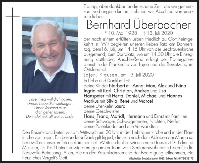  Traueranzeige für Bernhard Überbacher vom 15.07.2020 aus Dolomiten