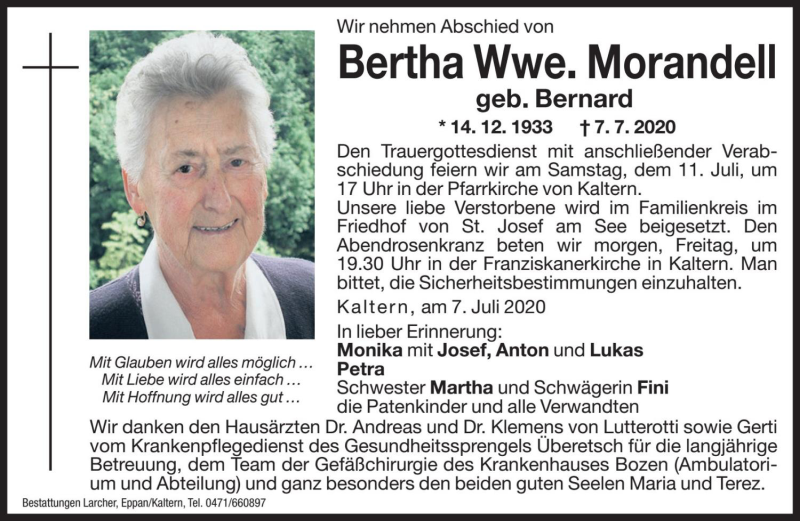  Traueranzeige für Bertha Morandell vom 09.07.2020 aus Dolomiten