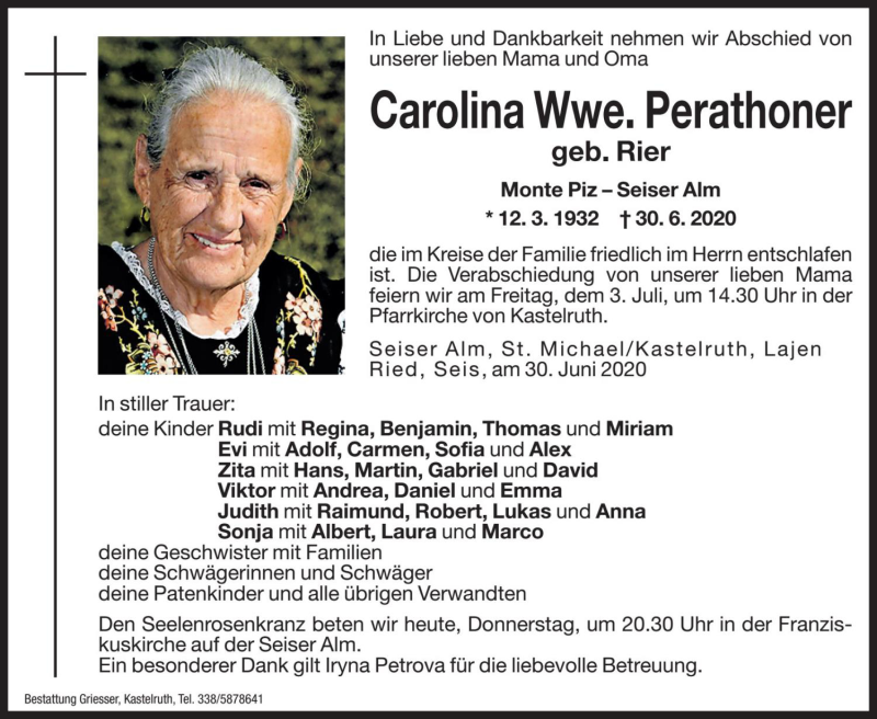  Traueranzeige für Carolina Perathoner vom 02.07.2020 aus Dolomiten