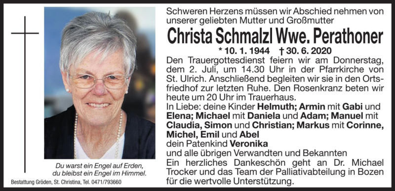  Traueranzeige für Christa Perathoner vom 01.07.2020 aus Dolomiten