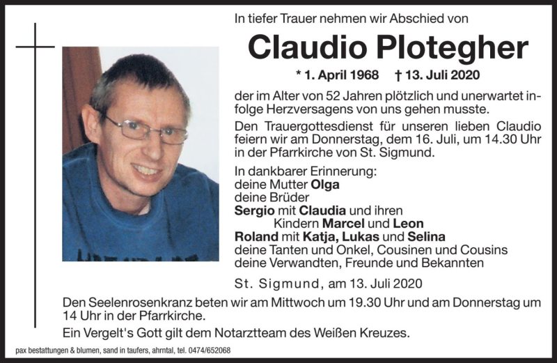 Traueranzeige für Claudio Plotegher vom 15.07.2020 aus Dolomiten