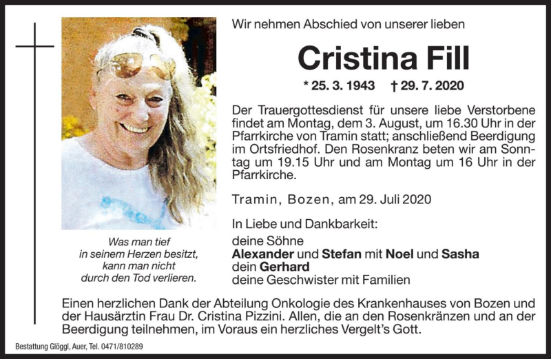  Traueranzeige für Cristina Fill vom 30.07.2020 aus Dolomiten