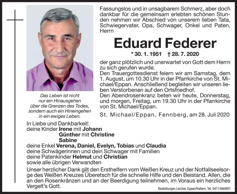  Traueranzeige für Eduard Federer vom 30.07.2020 aus Dolomiten
