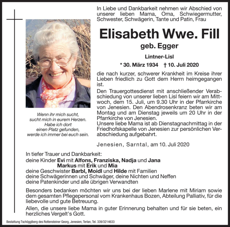  Traueranzeige für Elisabeth Fill vom 13.07.2020 aus Dolomiten