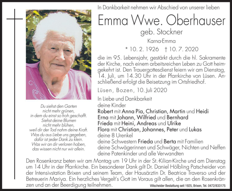  Traueranzeige für Emma Oberhauser vom 13.07.2020 aus Dolomiten