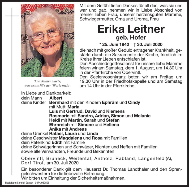  Traueranzeige für Erika Leitner vom 31.07.2020 aus Dolomiten