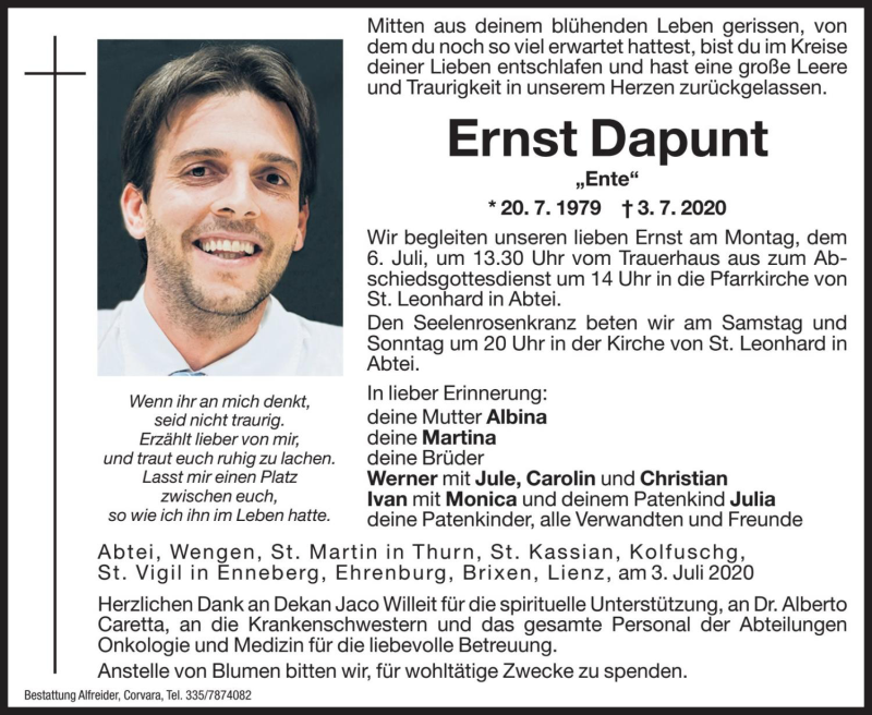  Traueranzeige für Ernst Dapunt vom 04.07.2020 aus Dolomiten