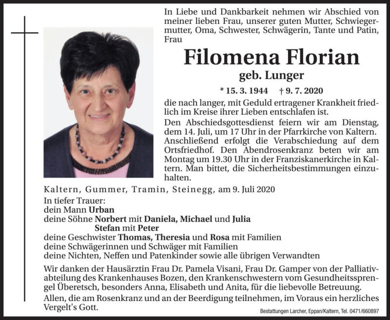  Traueranzeige für Filomena Florian vom 10.07.2020 aus Dolomiten