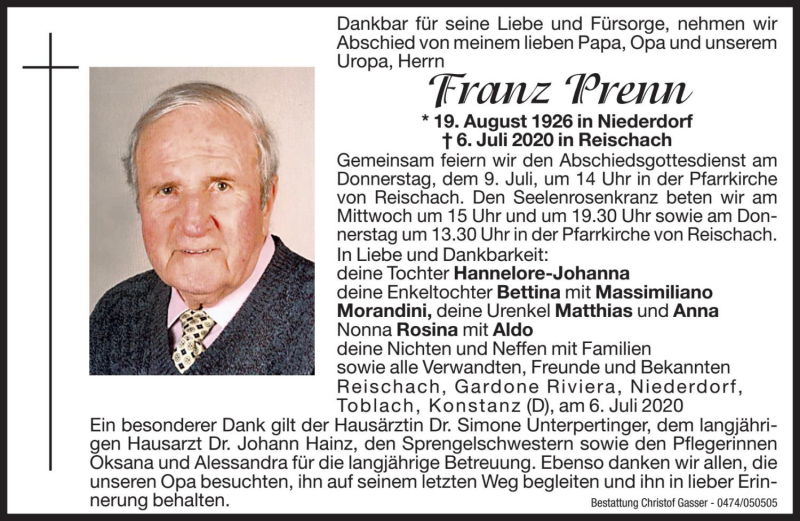  Traueranzeige für Franz Prenn vom 08.07.2020 aus Dolomiten